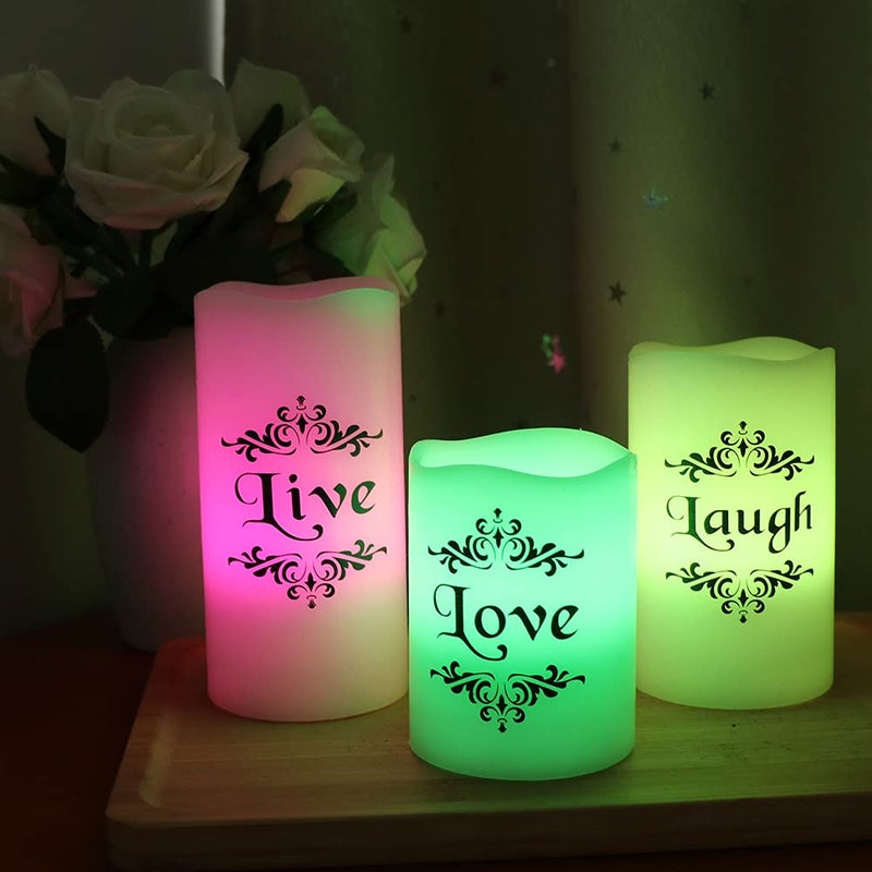 DRomance Color Changing LED Flameless Candles with 18-Key Remote and Timer, Live Love Laugh Decals Battery Operated LED Flickering Pillar Candles Dinner Wedding Decor 3 x 4, 5, 6 - Image 4